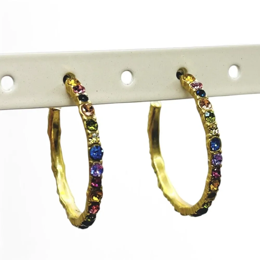 Multi Color Rhinestone Hoops Earrings Gold Tone Colorful Pierced Fashion Jewelry
